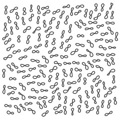 Black abstract loops, infinity sign in a chaotic pattern, hand drawn in doodles. Vector black and white geometric background