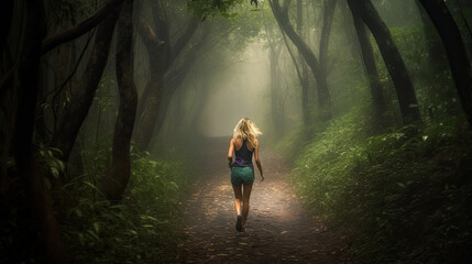 a woman jogging in the woods, generative ai