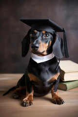 Generative AI illustration of Cute dachshund dog with glasses and a book learning at school
