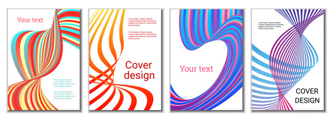 A set of 4 abstract covers. Wavy parallel gradient lines, ribbons evolve. Cover design, background. Trendy banner, poster.