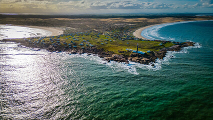 cabo polonio uruguay aerial coastline view at sunset  - obrazy, fototapety, plakaty