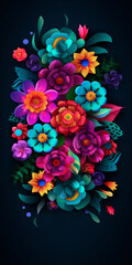 Fototapeta na wymiar Bright Mexican-style flowers on a blue background, generativ ai