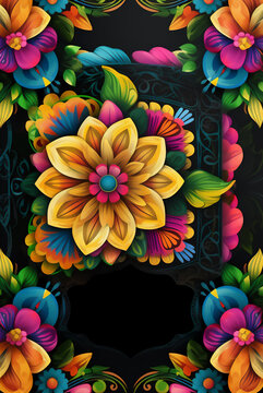 poster Bright Mexican-style flowers on a blue background, generativ ai