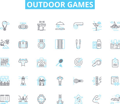 Outdoor games linear icons set. Frisbee, Soccer, Volleyball, Baseball, Cricket, Tennis, Badminton line vector and concept signs. Kubb,Cornhole,Bocce outline illustrations Generative AI