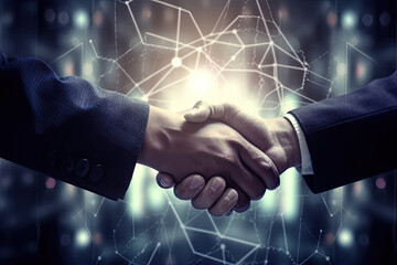 Business finance handshake partnership, investment agreement, financial deal, corporate contract, business acquisition, trading stocks and crypto, money technology asset background. Generative AI