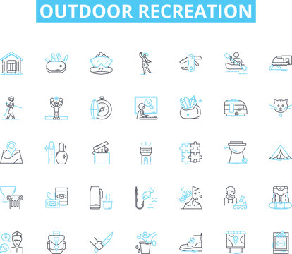 Outdoor recreation linear icons set. Hiking, Camping, Fishing, Biking, Hunting, Climbing, Kayaking line vector and concept signs. Rafting,Swimming,Exploring outline illustrations Generative AI
