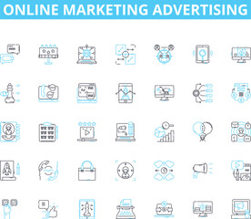 Online marketing advertising linear icons set. Strategy, Targeting, Analytics, Engagement, Conversion, Optimization, Branding line vector and concept signs. Content,Promotion,Segmentation outline