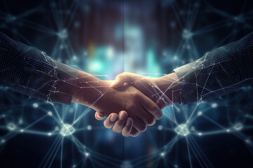 Business finance handshake partnership, investment agreement, financial deal, corporate contract, business acquisition, trading stocks and crypto, money technology asset background. Generative AI - obrazy, fototapety, plakaty