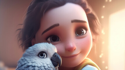 The cozy room fills with happiness as a little girl shares a tender hug with her beloved parrot. Generative AI
