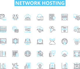 Network hosting linear icons set. Cloud, Server, Virtualization, Bandwidth, Colocation, Datacenter, Firewall line vector and concept signs. Hosting,Internet,IT outline illustrations