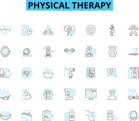 Physical therapy linear icons set. Rehabilitation, Exercises, Manual, Orthopedic, Strength, Flexibility, Mobility line vector and concept signs. Joint,Pain,Progress outline illustrations
