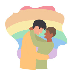 Portrait of a young gay couple embracing. rainbow flag. The concept of LGBT and love. Vector