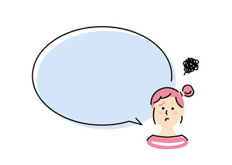 This illustration shows a girl with long hair who speaks with a large speech balloon and a troubled face.