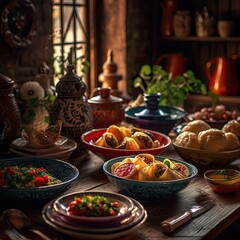 Fototapeta na wymiar Appetizing Manti dish - Turkish food photography, generative ai