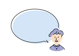 This illustration shows a boy with permed hair speaking in a large speech balloon.