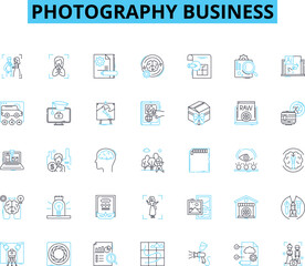 photography business linear icons set. lens, aperture, shutter, flash, light, exposure, composition line vector and concept signs. portrait,landscape,wedding outline illustrations