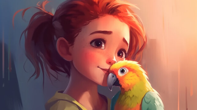 A young girl playing with her colorful parrot in her bedroom. Generative AI