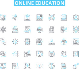 Fototapeta na wymiar Online Education linear icons set. E-Learning, Virtual, Webinars, MOOC, Distance Learning, Digital, Interactive line vector and concept signs. Multimedia,Remote,EduTech outline illustrations