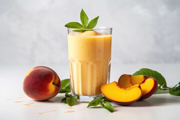 Fototapeta premium Peach Mango Smoothie On White Background. Generative AI
