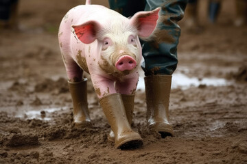 A Pig In Boots And A Farmer Walking Side By Side In The Mud. Generative AI