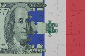 puzzle with the national flag of france and dollar money banknote. macro.concept.
