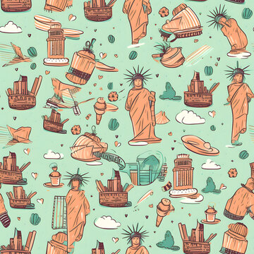 seamless pattern of new york city, statue of liberty, usa