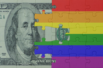 puzzle with the rainbow gay pride flag and dollar money banknote. macro.concept.