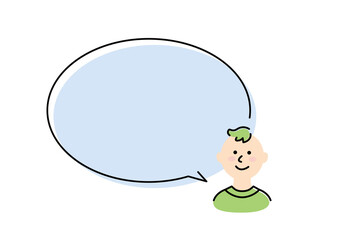 This illustration shows a boy speaking with a large speech balloon.