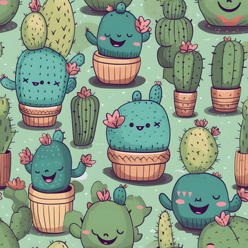 seamless pattern with cactus and flowers