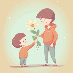 Boy handing a flower to mom