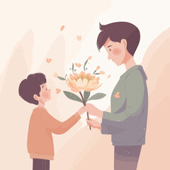 Boy handing a flower to mom