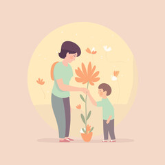 Boy handing a flower to mom
