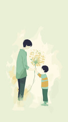 Boy handing a flower to mom