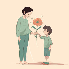 Boy handing a flower to mom