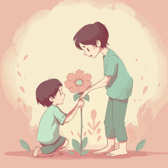 Boy handing a flower to mom