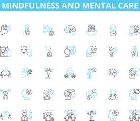 Mindfulness and mental care linear icons set. Meditation, Zen, Reflection, Awareness, Stillness, Self-love, Gratitude line vector and concept signs. Clarity,Relaxation,Calmness outline illustrations