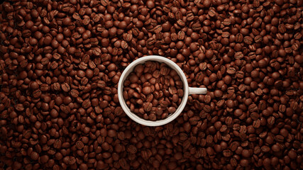 A cup filled with coffee on a background of coffee beans. 3d rendering