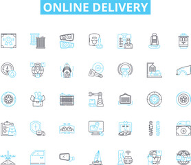 Online Delivery linear icons set. Convenience, Speed, Efficiency, Accessibility, Reliability, Quality, Service line vector and concept signs. Options,Availability,Tracking outline illustrations