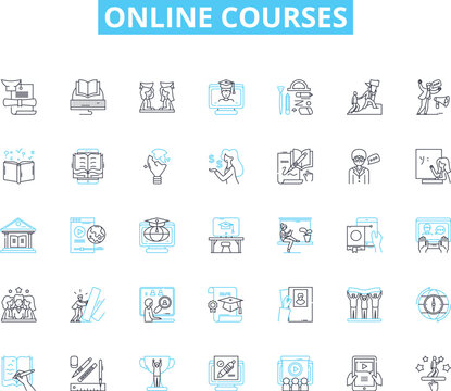 Online courses linear icons set. E-learning, Virtual, Distance, Web-based, Remote, Digital, Cyber line vector and concept signs. Internet,Interactive,Cloud-based outline illustrations