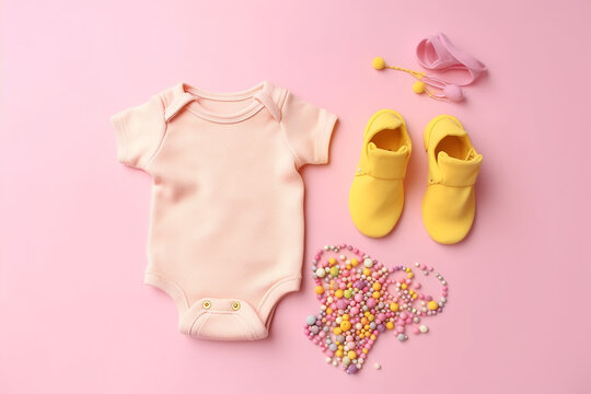 Conceito de menina. Foto de vista superior de roupas infantis calças de camisa rosa botas de malha manequim mordedor corrente e granulado em fundo amarelo pastel isolado com espaço vazio