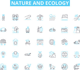 Nature and ecology linear icons set. Forest, River, Mountain, Wildlife, Ocean, Soil, Wilderness line vector and concept signs. Ecosystem,Sustainability,Biodiversity outline illustrations