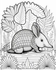 Armadillo vector coloring book black and white for kids and adults isolated line art on white background.
