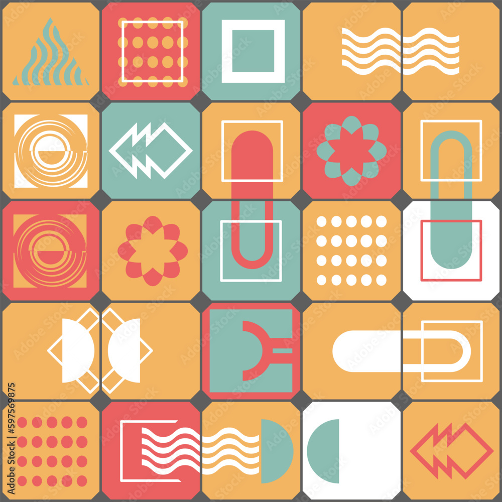 Poster bauhaus style seamless pattern. 25 square icons with various symbols and signs. set of vector images