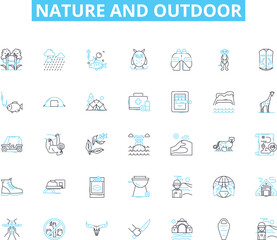 Nature and outdoor linear icons set. Wilderness, Mountains, Forests, Rivers, Oceans, Landscapes, Wildlife line vector and concept signs. Sunsets,Waterfalls,Hiking outline illustrations