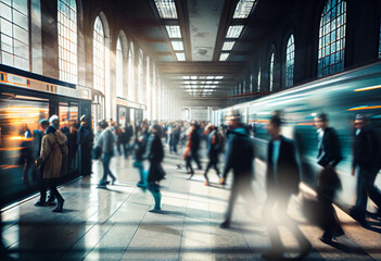 Blurred crowd people walking in train station. Generative AI
