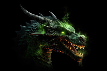Illustration of green wooden fire breathing dragon head isolated on black background. Symbol of 2024. Chinese New Year. Dragon image. High definition. Generative AI, human enhanced