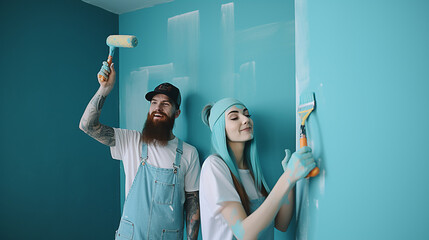 Casal em nova casa durante reparos pintando parede juntos. Família feliz segurando parede de pintura de rolo de pintura com tinta de cor azul na casa nova. Renovação de casa DIY renova o conceito de c