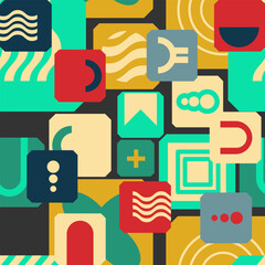 Seamless pattern with randomly placed abstract shapes in the Bauhaus style. Vintage color scheme. Vector illustration