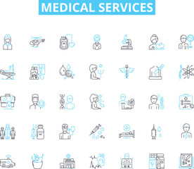 Medical services linear icons set. Diagnosis, Treatment, Healthcare, Rehabilitation, Preventive, Clinical, Therapy line vector and concept signs. Medication,Surgery,Emergency outline illustrations