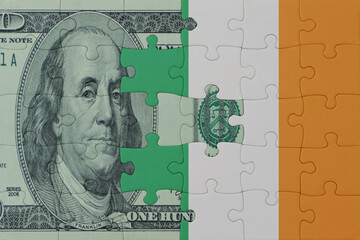 puzzle with the national flag of ireland and dollar money banknote. macro.concept.